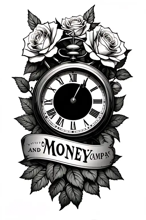 "money and campas " clock and roses growing inside tattoo design idea