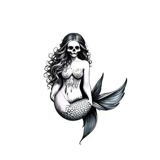 mermaid wrapping around leg with a skull as the head tattoo design idea