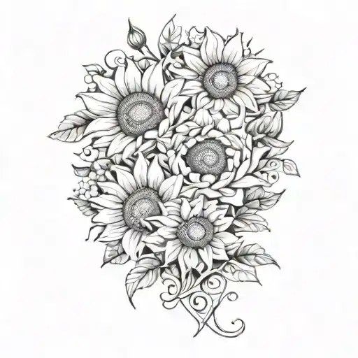 sunflowers with roses and chrysanthemums flower intertwined tattoo design idea
