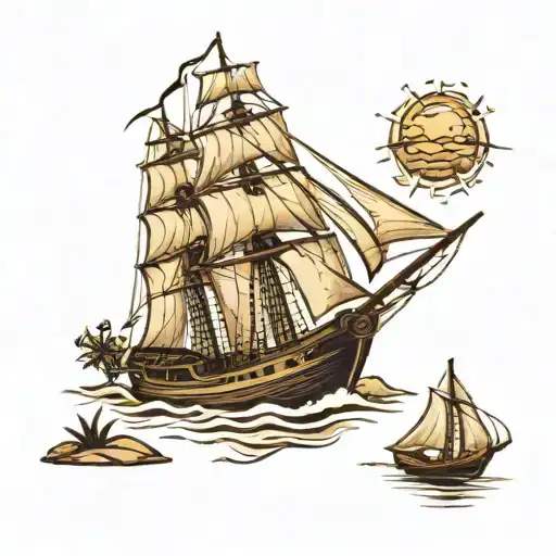 sailing ship moored at a deserted island beach. landscape scene.  tattoo design idea