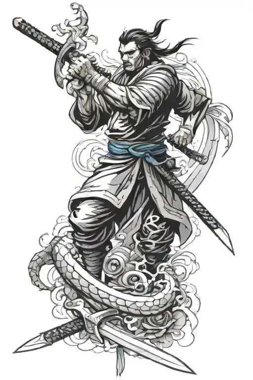 A dick with samurai swords that fights against hordes of vaginas tattoo design idea