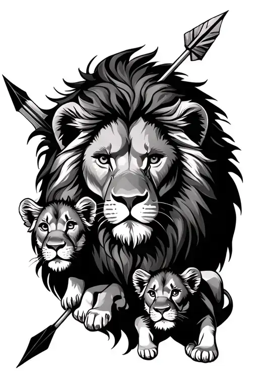 lion head with an arrow and 2 lion cubs tattoo design idea