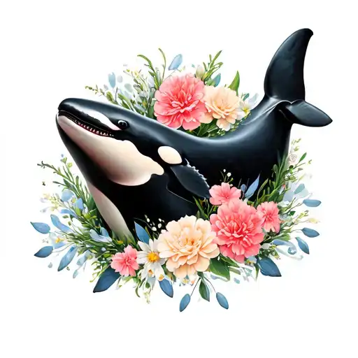 orca whale wreath carnations and snowdrops tattoo design idea