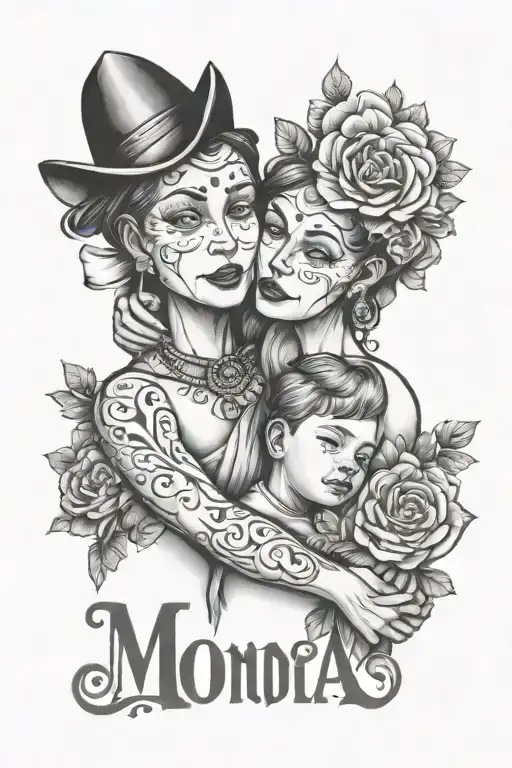 mother and son with the name mona tattoo design idea