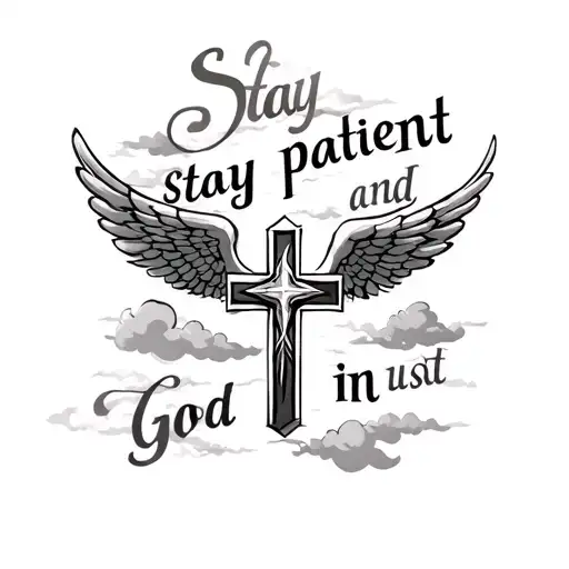 cross with wings and faded clouds around and words saying Stay patient and trust in god tattoo design idea