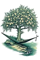 Fineline backpiece olive tree, hammock, tendrils with flowers, stream along spine, cat tracks, stylized sea below tattoo design idea