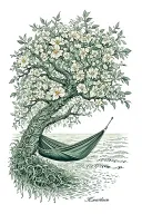 Fineline backpiece olive tree, hammock, tendrils with flowers, stream along spine, cat tracks, stylized sea below tattoo design idea