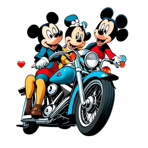 A traditional tattoo design of Disney characters riding on a Harley Davidson motorcycle, capturing your love for Disney and motorcycles in a classic style. tattoo design idea
