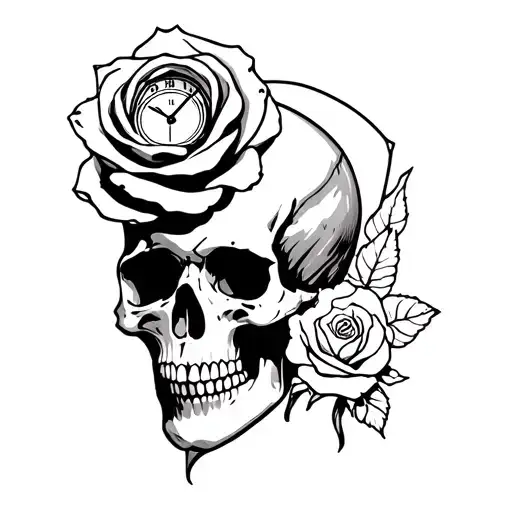 a rose under a skull with an open mind and a clock on top tattoo design idea