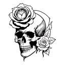 a rose under a skull with an open mind and a clock on top tattoo design idea