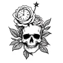 a rose under a skull with an open mind and a clock on top tattoo design idea
