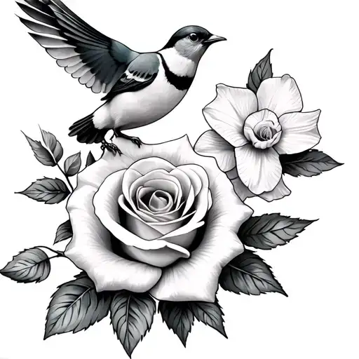 Rose And Daffodil, Robin and Dove flying tattoo design idea