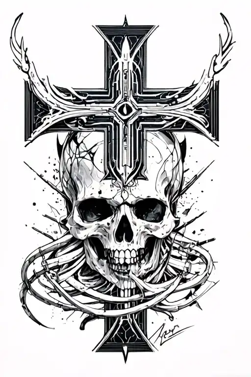 Cyber sigilism cross tattoo design idea