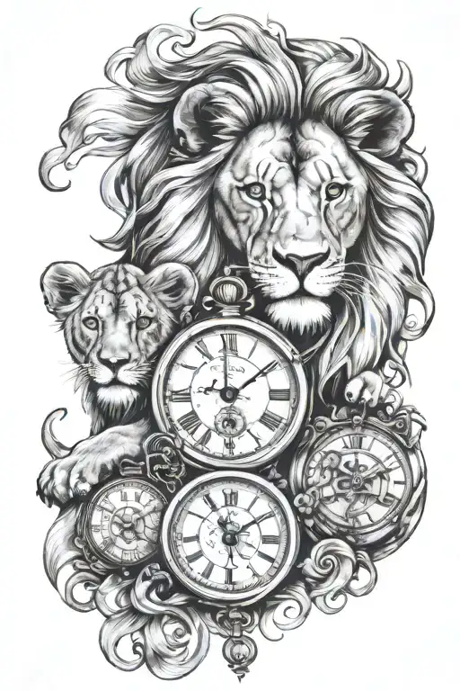 lion, 2 cubs and pocket watches merging together tattoo design idea