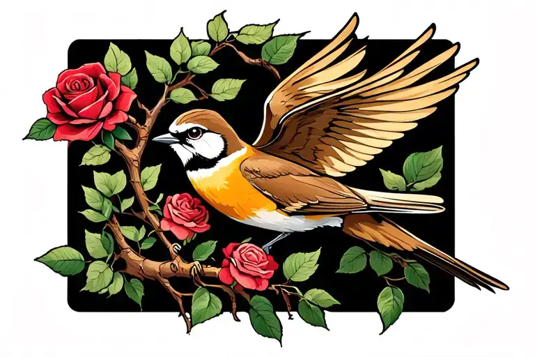 lark bird carrying a rose flying from the tree of life tattoo design idea
