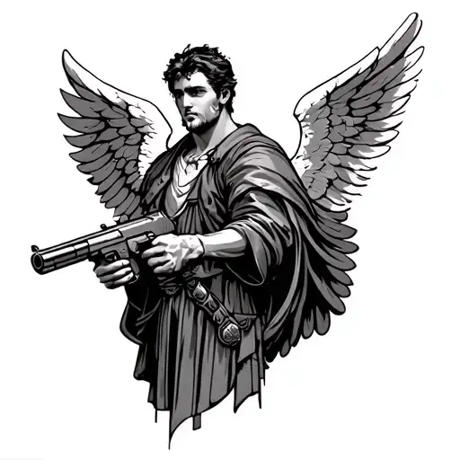 male guardian angel holding a gun tattoo design idea