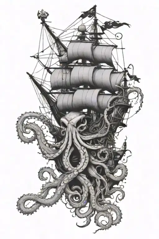 Octopus wrapped around pirates ship tattoo design idea