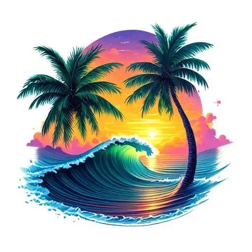 waves with palm trees colors sunset tattoo design idea
