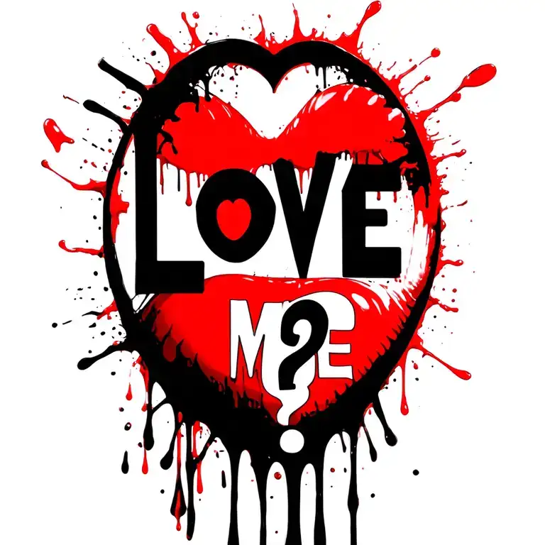 the words love me with a question mark in girly font and dripping blood  tattoo design idea