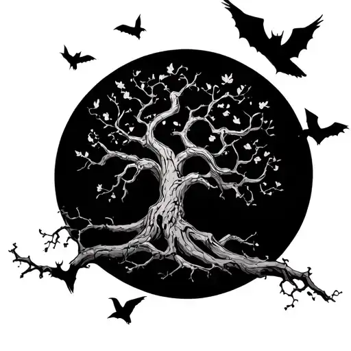 Poison Tree without leafs flying bats and two doves on the branches tattoo design idea