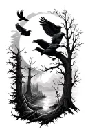 woods line with crows flying from them and the sun and moon  tattoo design idea