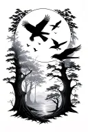woods line with crows flying from them and the sun and moon  tattoo design idea