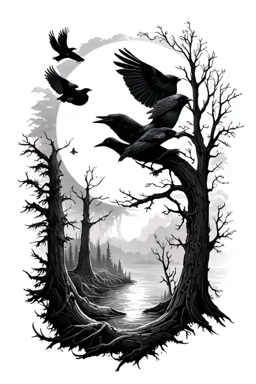 woods line with crows flying from them and the sun and moon  tattoo design idea