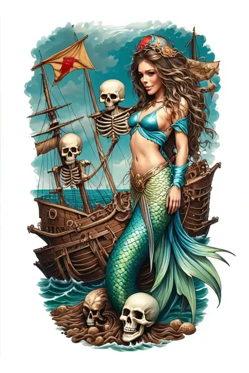 A mermaid warrior guarding a shipwreck surrounded by pirate skeletons tattoo design idea