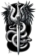 dagger, rising phoenix, and snakes tattoo design idea