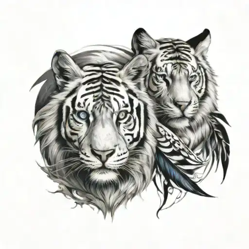 leg sleeve with an owl, a white tiger with blue eyes, and a wolf  tattoo design idea
