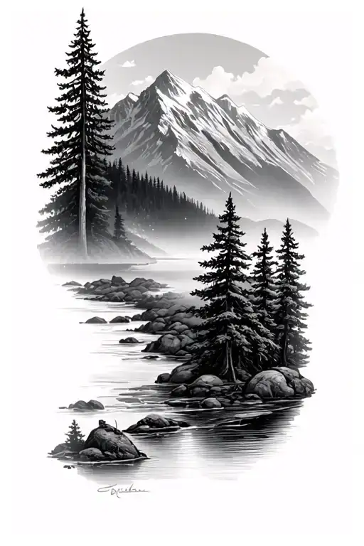 Mountain, River, and pine trees looking through lens tattoo design idea