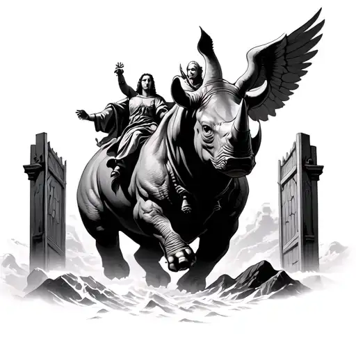 rhino charging through the gates of heaven with st michael riding it tattoo design idea