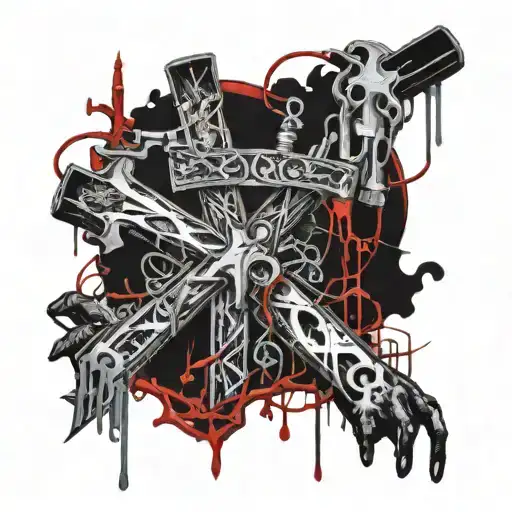 psycho gothic punk lighting striking down on a cross necklace being held together by hands praying tattoo design idea