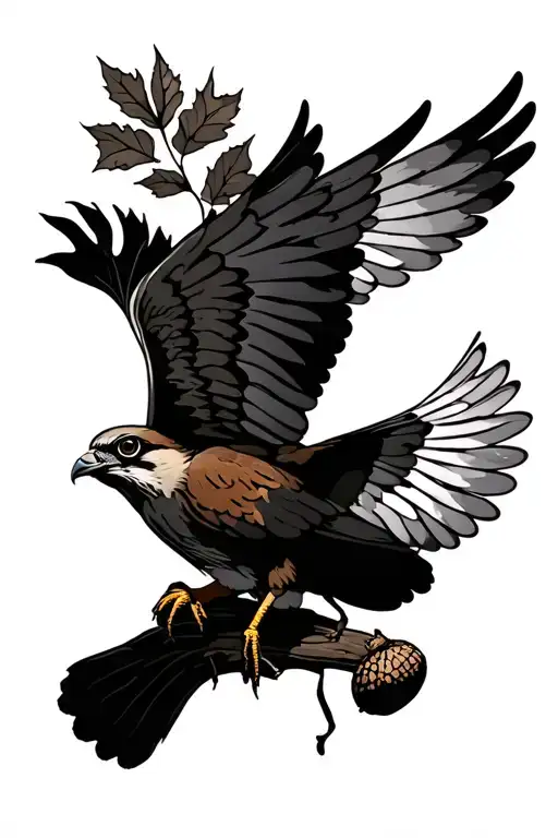 kestrel spread wings oak tree leaves acorn tattoo design idea