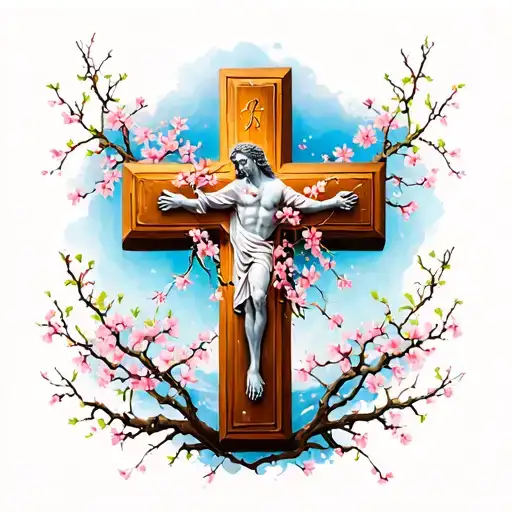 religious cross carrying very small cherry blossoms tattoo design idea
