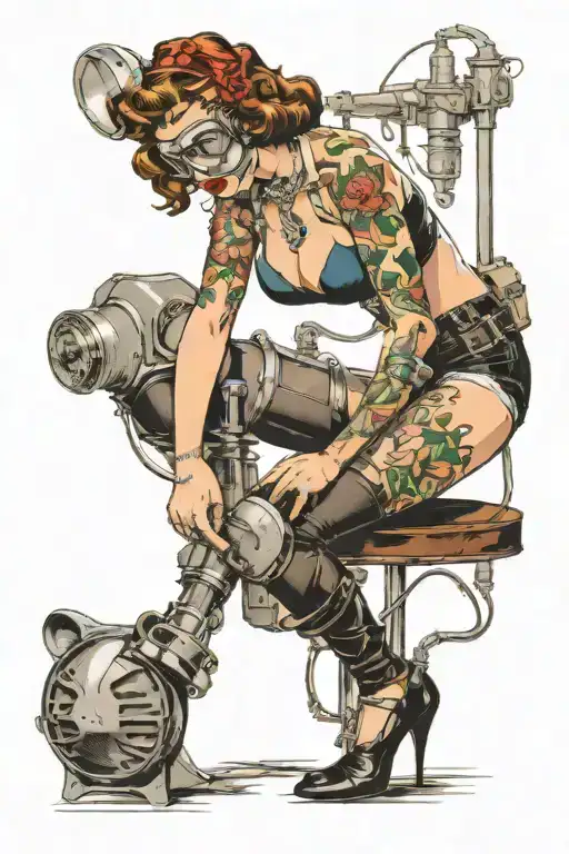 sexy pin up donning welding mask and lingerie, big, round ass,  over on her knees using torch, she's very fit. not weird tattoo design idea