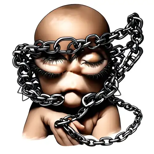 a tattoo shaped like a choker, with 8 closed eyes (baby hand size) connected together by chains have runic language  tattoo design idea