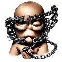 a tattoo shaped like a choker, with 8 closed eyes (baby hand size) connected together by chains have runic language  tattoo design idea