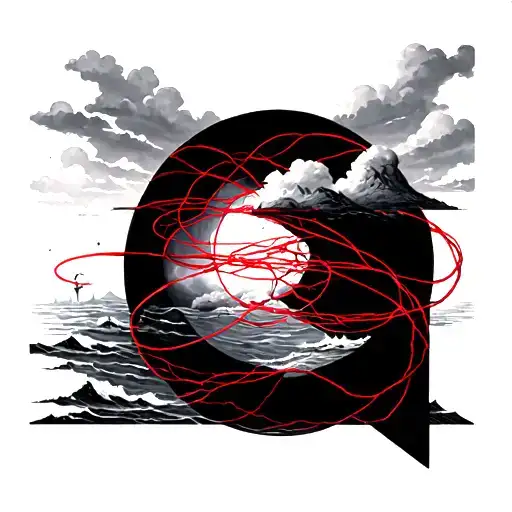 sky and sea with red string theory interwoven tattoo design idea