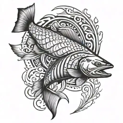 salmon tribal mixed with lifelike tattoo design idea