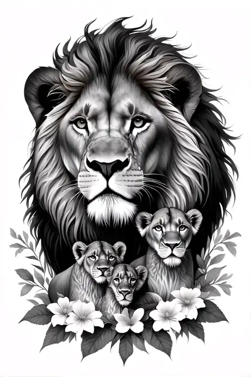 Lion, lioness And 2 Cubs with flowers intertwined tattoo design idea