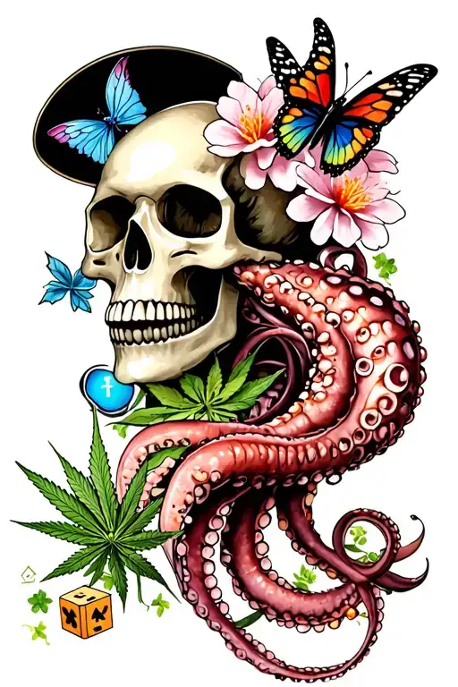 squid and cognac, skulls, sakura, butterflies, playing cubes, marijuana tattoo design idea
