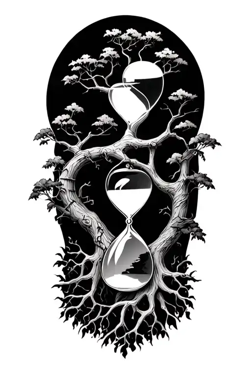 tree of life upside with roots grabbing an hourglass tattoo design idea