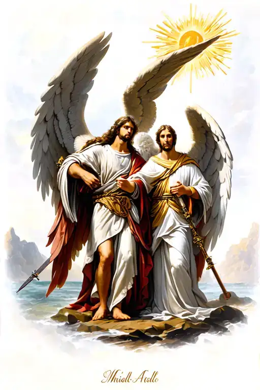 saint michael the Archangel, saint gabriel the archangel, saint raphael the archangel in battle tattoo design idea