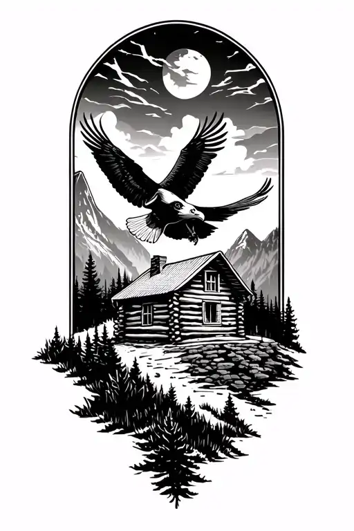 nature scene with log cabin up on a mountain with a bald eagle soaring in the sky with a acoustic guitar tattoo design idea