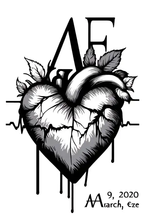 letter A and E, March 9, 2020, heart, heartbeat tattoo design idea
