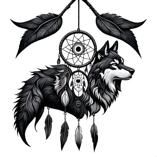 Wolf, Dream Catcher, 3 feathers hanging and evil eye talisman  tattoo design idea