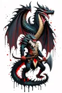 black dragon full body shaped like and an dwarf holding an great axe tattoo design idea