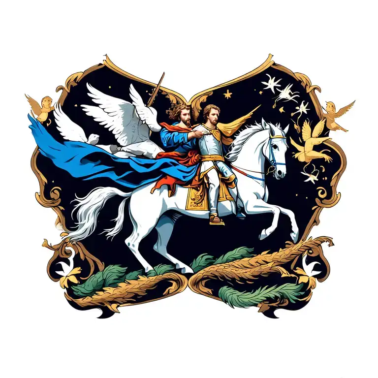 saint george killing the dragon , blue cape , white horse , small angels fly around head , renascentist tattoo design idea