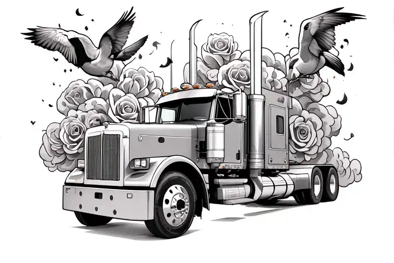 1985 peterbilt semi truck with smoke stacks and clouds opening birds and roses out of them  tattoo design idea